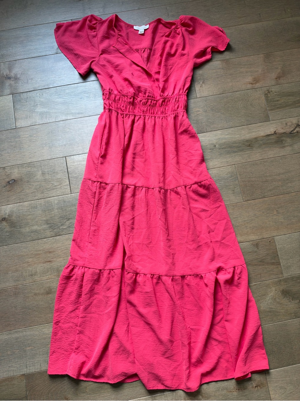 Monteau Hot Pink Tiered V-Neck Maxi Dress